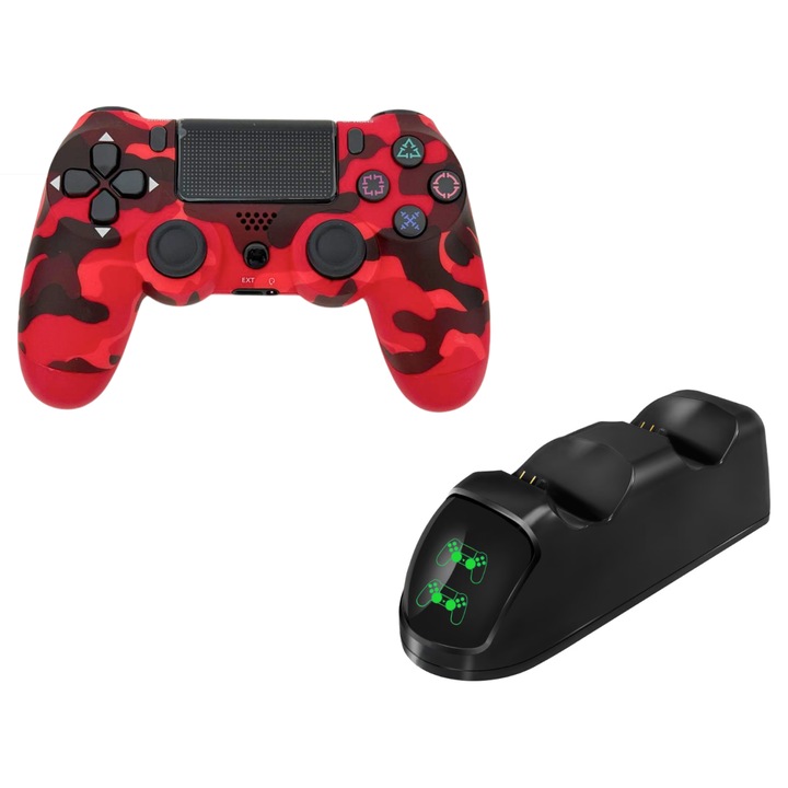Set Statia Incarcare Duala cu Controller Wireless PS4, Rosu army, 175x60x55mm