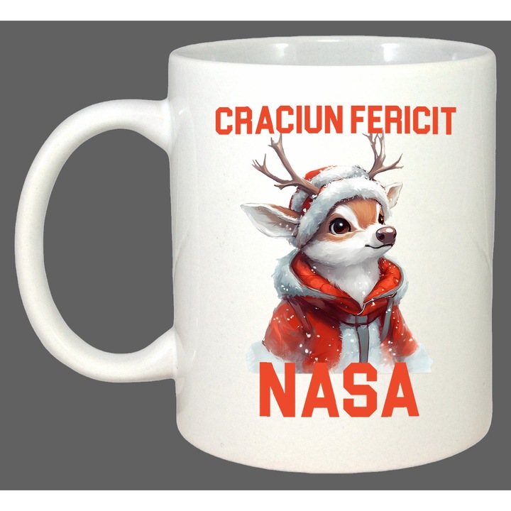 Cana Craciun Fericit Nasa Ren Ilustratie, Cadou, Sarbatori, Cri-Flo, Culoare Alb, 330 ml