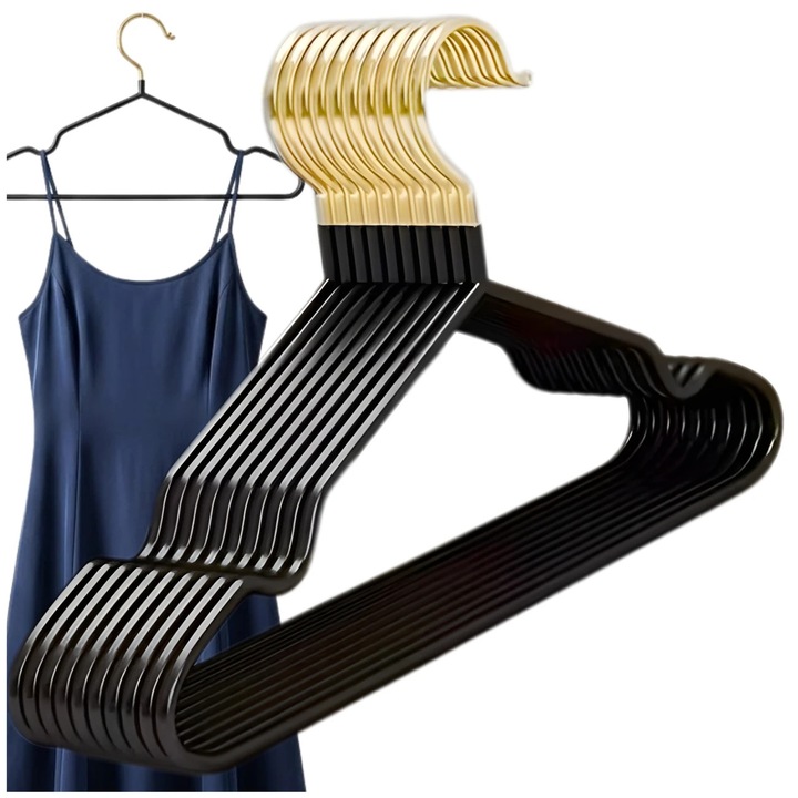 Set 10 umerase metalice negre cu agatatoare aurie, pentru haine, economisire spatiu, 20x40cm