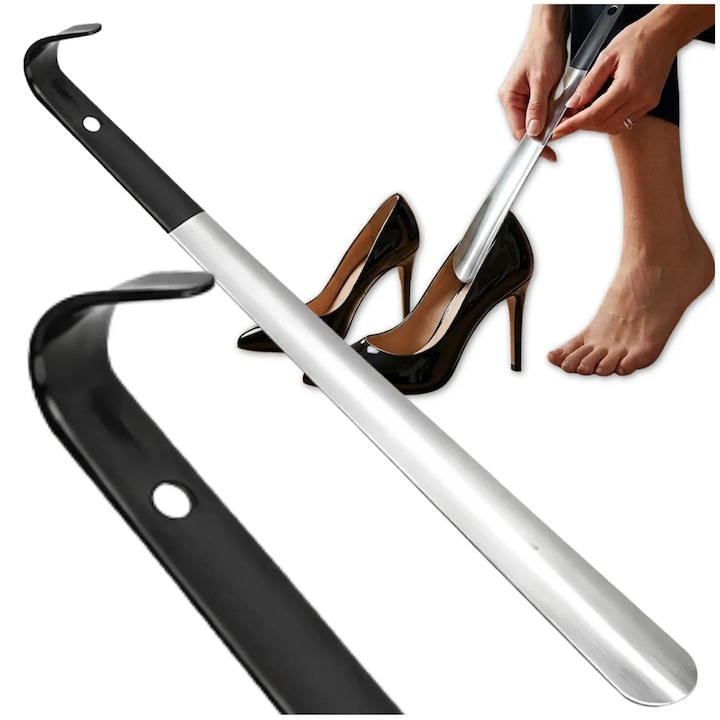 Incaltator pantofi lung Edibazzar, otel inoxidabil, 58 cm, argintiu + negru, ergonomic