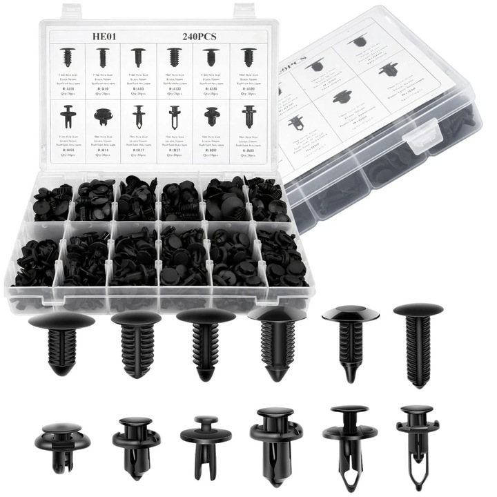 Set Reparatie Auto, 240 Piese, Fixare Tapiterie, Usi, Elemente Caroserie, Plastic Durabil, Negru