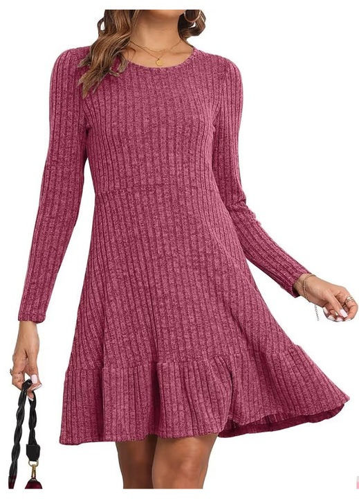 Rochie rosie casual deasupra la genunchi, vaporoasa, maneci lungi 2XL