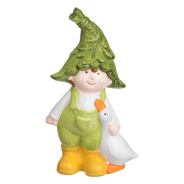 Figurina de gradina din ceramica model baiat cu ratusca, 13x6x23 cm, verde/alb