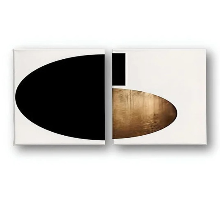 Set tablou decorativ Re-Bloom, 3 piese, panza/lemn, alb/negru/auriu, 50 x 50 cm