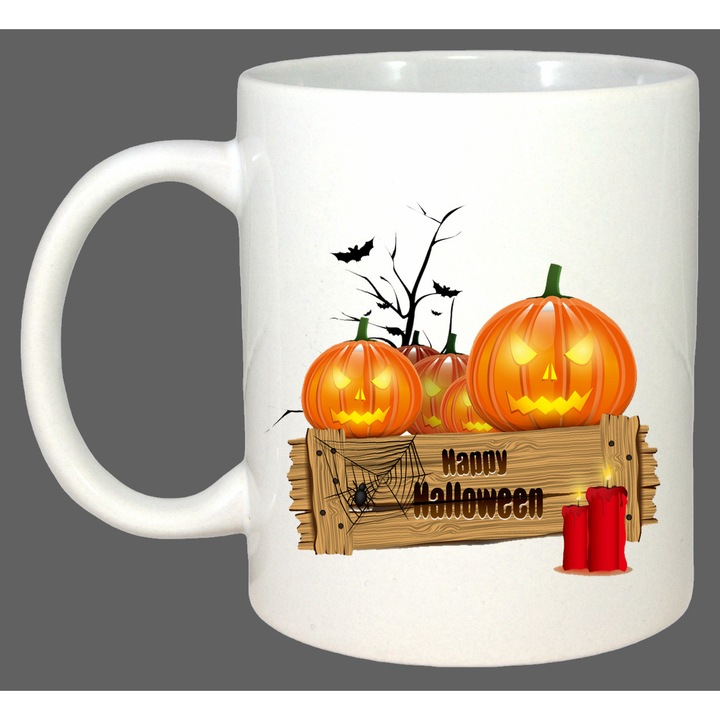 Cana Halloween Dovleci Decor Lemn, Cadou, Sarbatori, Cri-Flo, Culoare Alb, 330 ml