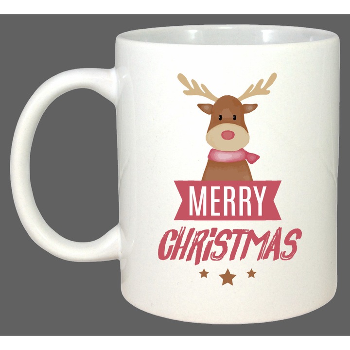 Cana Merry Christmas Cerb, Cadou, Sarbatori, Cri-Flo, Culoare Alb, 330 ml