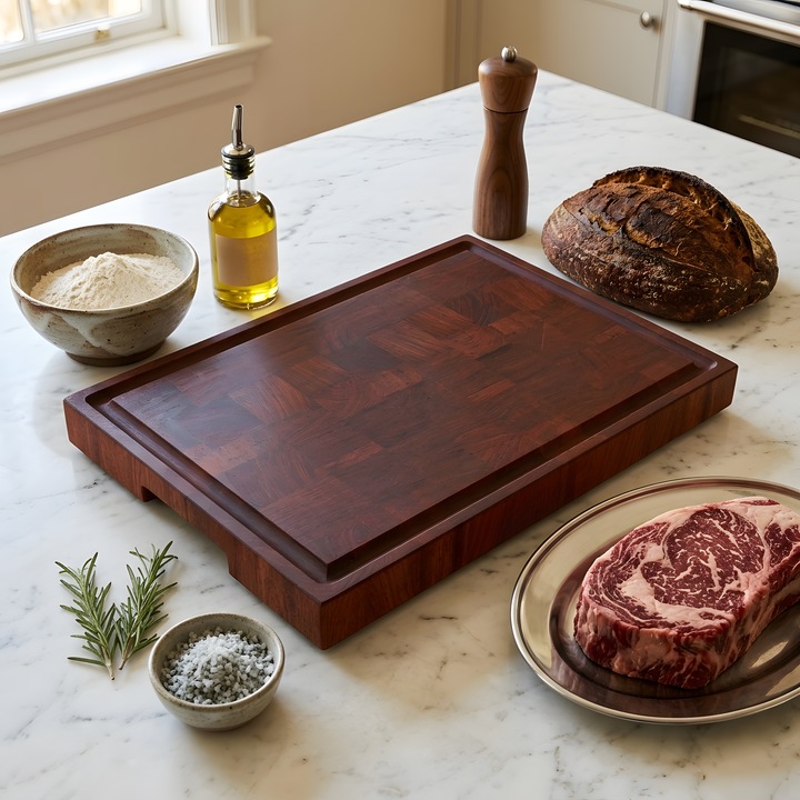 Tocator Profesional EpiCraft, Lemn Masiv Mahon End Grain, 40x30x4 cm, Greutate 3.2 kg, Tratament Ulei si Ceara, Accesorizat