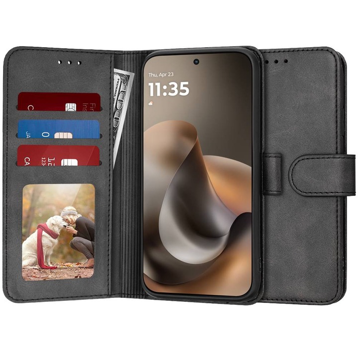 Husa pentru Motorola Moto G77 / G67 tip carte 360 Kickstand Portofel Multifunctional, Protectie Completa, negru