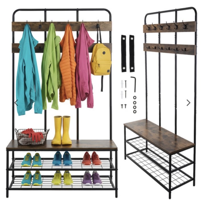 Cuier Multifunctional RUHHY, Stil Industrial, 12 Carlige, Sezut si Suport Incaltaminte, Structura Metalica Stabila, 100 cm Latime