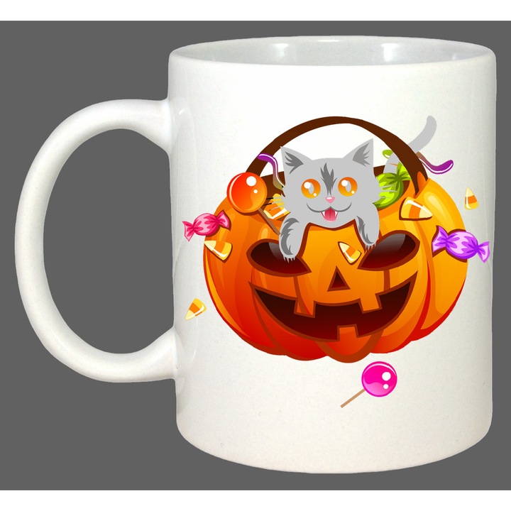 Cana Halloween Pumpkin Cat, Cadou, Sarbatori, Cri-Flo, Culoare Alb, 330 ml