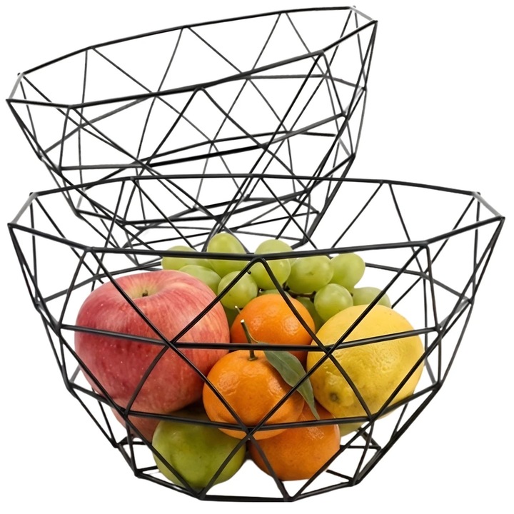 Cos pentru fructe, Edibazzar, design geometric, otel inoxidabil, negru, 14x27x27cm