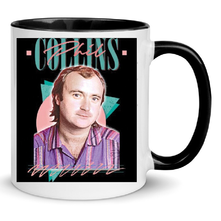 Cana Phil Collins No5 330ml Ceramica Alba si Neagra - Design Elegant, Rezistent la Masina de Spalat, Cadou pentru Fanii Muzicii Clasice