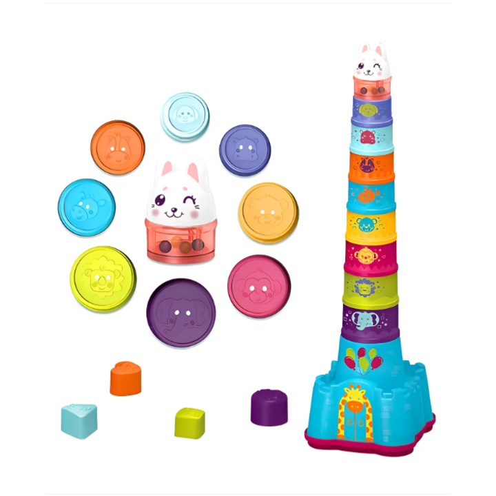 Set Educativ de Stivuit si Sortat PinkBlue – cuburi si cupe de construit, sortare forme, pisicuta zornaitoare, 15 piese, 9+ luni