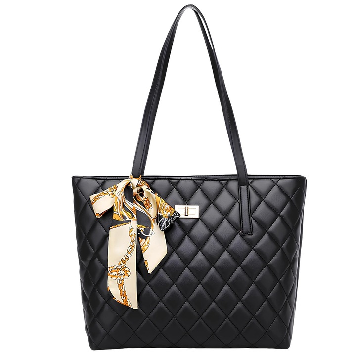 Geanta shopper Edibazzar, piele ecologica neagra, accesorii aurii, 31x26x11cm, capacitate 5 litri