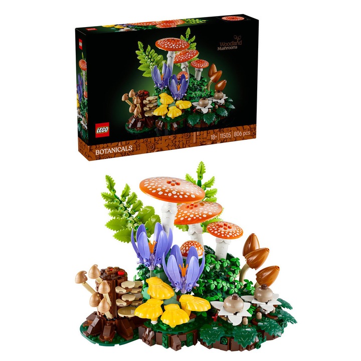 Set de constructie pentru adulti LEGO® Botanicals Ciuperci de padure 11505, Plante Artificiale, Decoratiuni pentru Living, Idee de Cadou pentru Femei si Barbati, 806 piese