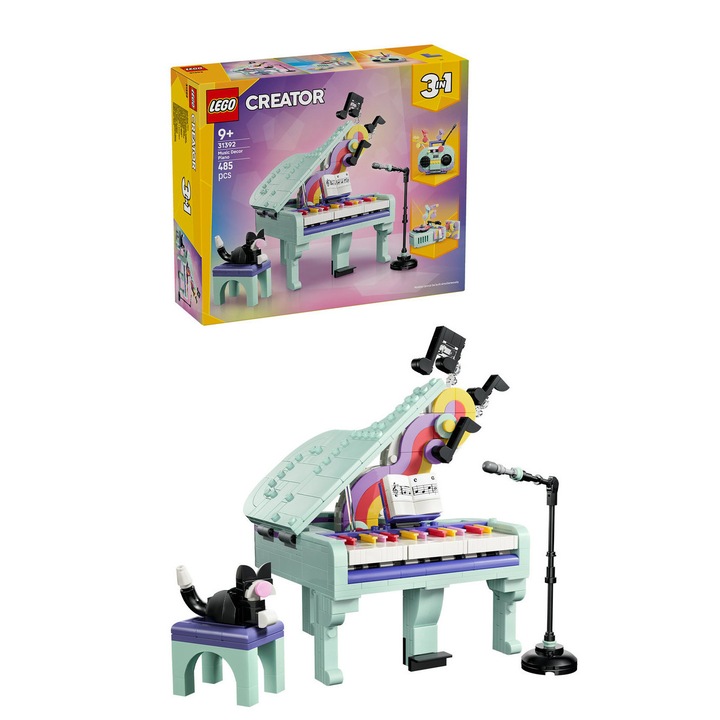 Set de constructie LEGO® Creator 3 in 1 Pian decorativ cu o pisica 31392, Jucarii pentru Copii, Jucarii pentru Fete si Baieti, Idee de Cadou pentru Copii, 485 piese