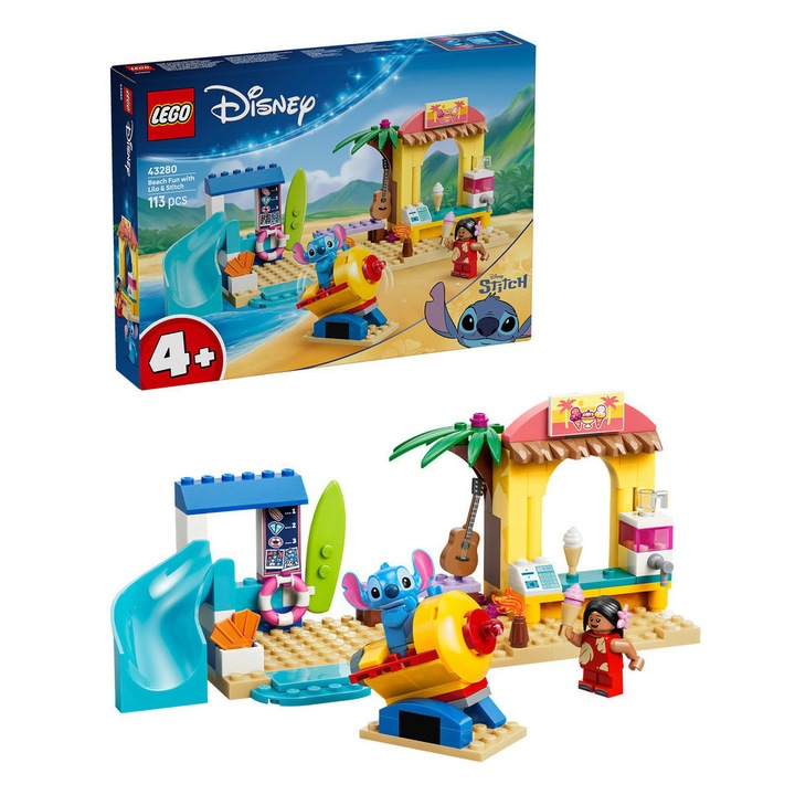 Set de constructie LEGO® | Disney Distractie pe plaja cu Lilo si Stitch 43280, Jucarii pentru Copii de 4+ ani, Jucarii pentru Fete si Baieti, Idee de Cadou pentru Copii