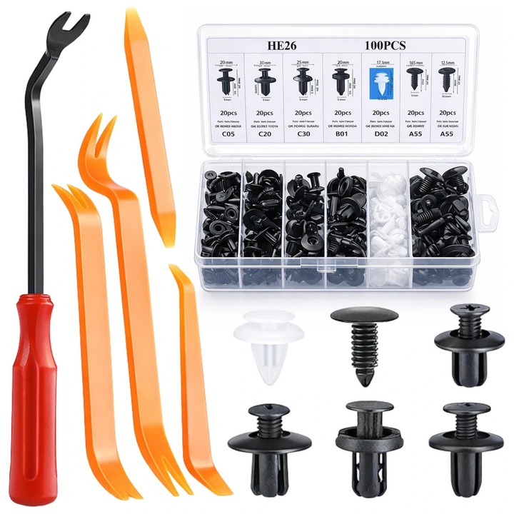 Set 100 Clipsuri Auto Universale cu Instrumente, Plastic Negru si Portocaliu, Diverse Dimensiuni