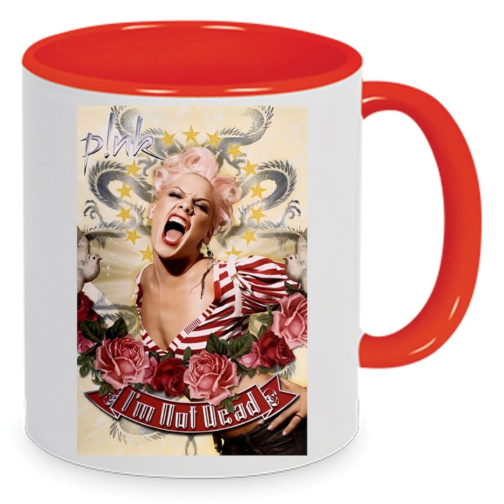 Cana ceramica 330ml, alba si rosie, design inspirat de P!nk, ergonomic, lavabila la masina