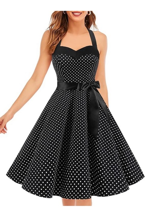 Rochie vintage Audrey, stil Rockabilly, anii 1950, pentru femei, cu buline albe mici, DRESSTELLS, Negru