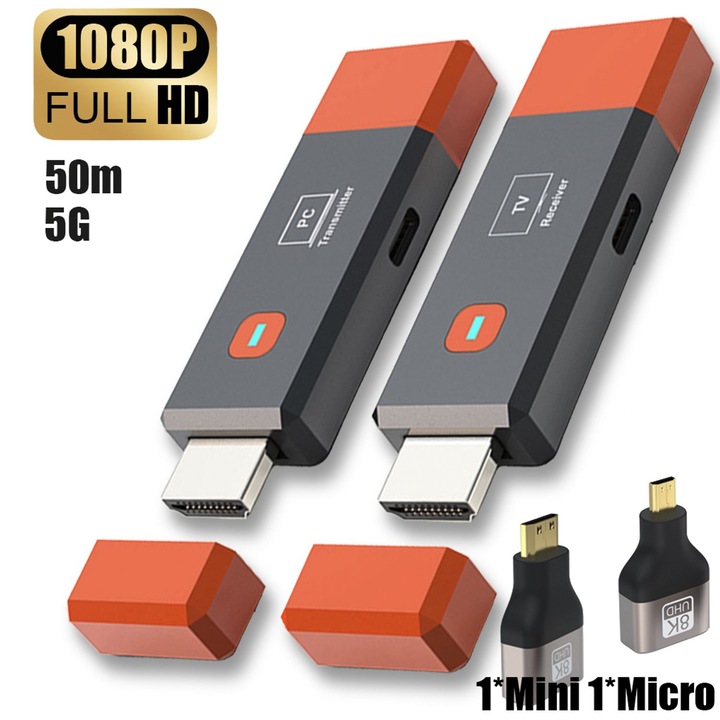 Transmitator si Receptor HDMI Wireless Full HD 1080P, Extender Semnal pe Distanta de 50 Metri, Conexiune Stabila 5G si Functie Plug and Play, Include 2 Adaptoare Mini si Micro, Negru
