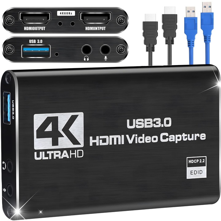 Placă de captură HDMI 4K Bedee, set cabluri TypeC/HDMI/USB, 1080P 60FPS, negru, 100x60x12mm
