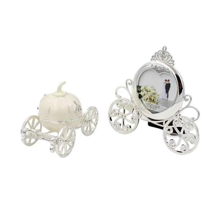 Set Cadou Elegant: Rama Foto + Cutie Bijuterii, Argintiu, Cristale, 5x5cm