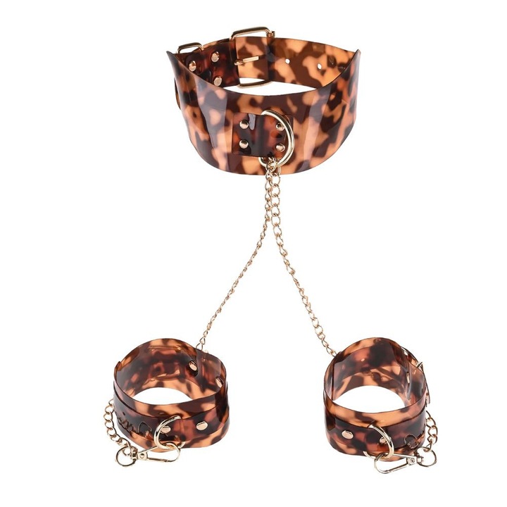 Bondage kiegészítő szett, Sincerely, állatmintás, állítható, 1 nyakörv pórázzal, 2 bilincs