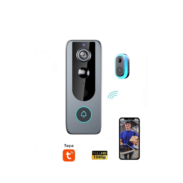 Sonerie video inteligenta, Wireless, vizualizare in timp real, vedere noctura, senzori de miscare, compatibil Tuya, video interfon, camera HD 1080p, stocare cloud sau pe card SD de maxim 128G, gri