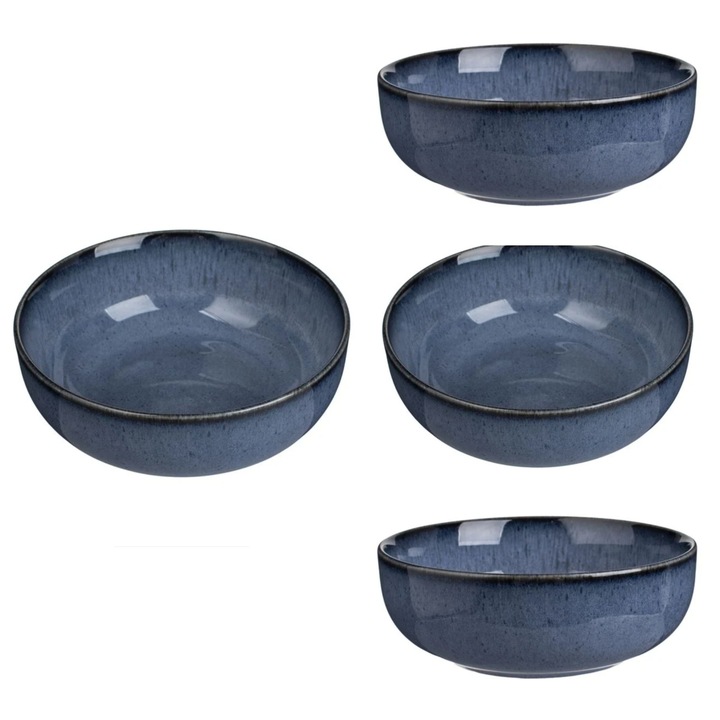 Set 4 castroane din portelan, "Blue Reactive Glaze Nordic", albastru, 650ml, 15.5x5.5cm