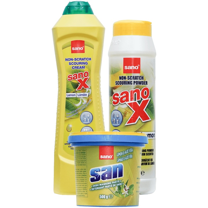 Pachet Sano curatare bucatarie 3 produse Lemon crema abraziva, praf curatare si pasta vase