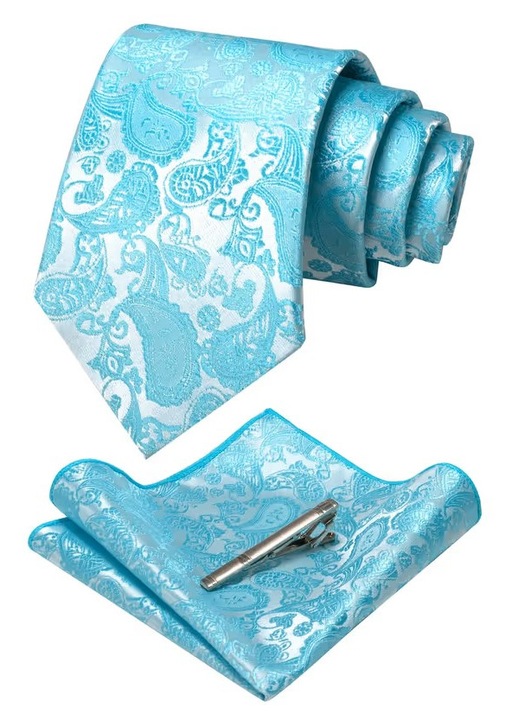Set cravată din mătase pentru bărbați, cyan, cu clemă și batistă de buzunar, dimensiuni: 8cm x 150cm, batista 25cm x 25cm