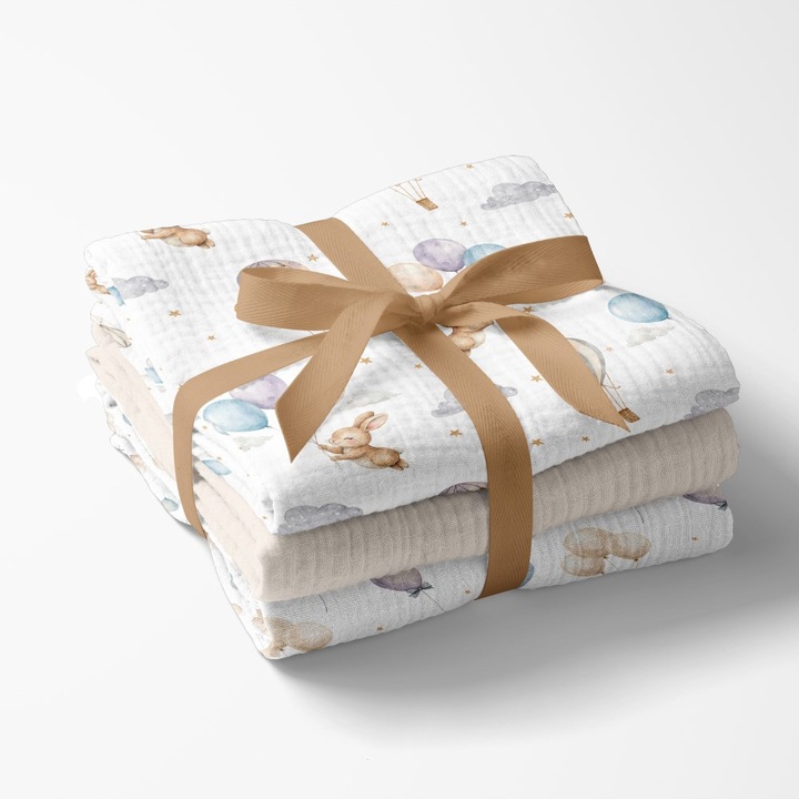 Set 3 scutece multifunctionale Bocioland Beige 70x70 cm din muselina 100% bumbac, suprafata texturata, moale si absorbanta