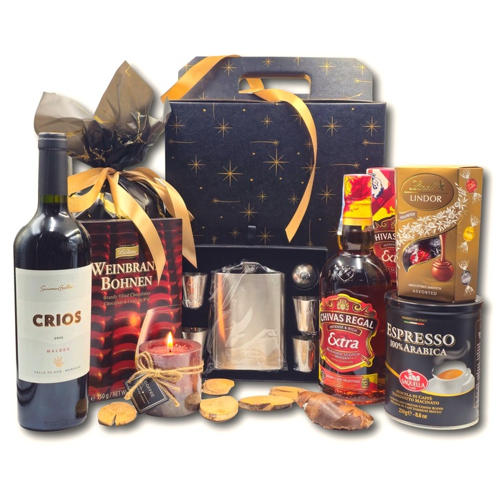 Pachet cadou exclusivist, model Midnight Selection, cu Whisky, Vin, Cafea, Delicatese Gourmet si Accesorii Elegante, potrivit pentru ocazii speciale, Paste, Craciun sau evenimente corporate- by Cadouri Premium®