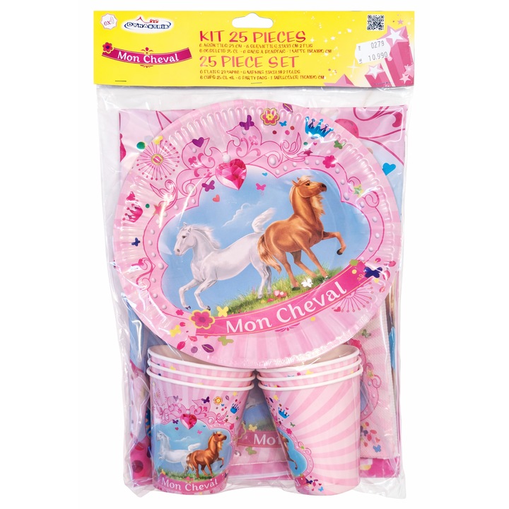 Set Petrecere Copii Mon Cheval 25 Piese, Farfurii + Pahare + Servetele + Fata de Masa, Tematica Cai Roz, Party Kit Complect