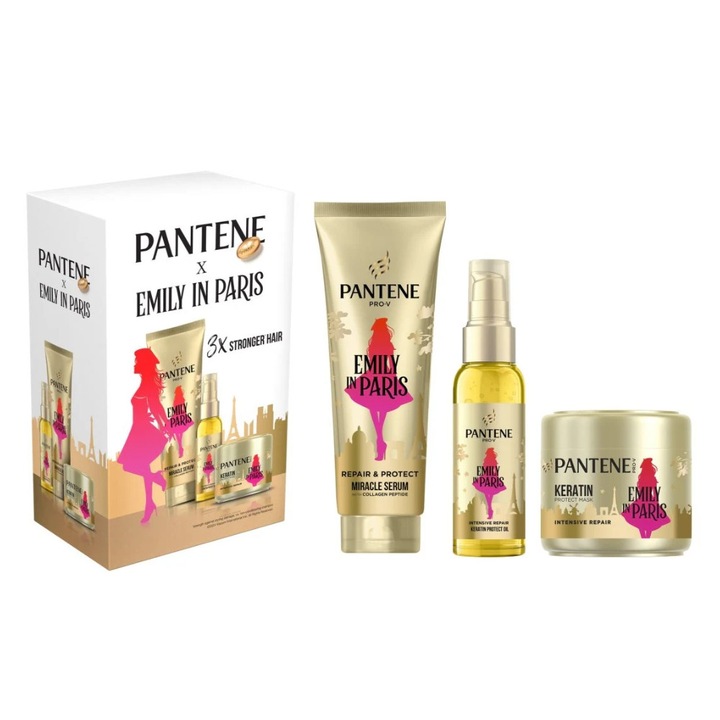 Set ingrijire par Pantene Pro-V x Emily in Paris, Serum 200 ml, Ulei 100 ml, Masca Keratin 300 ml