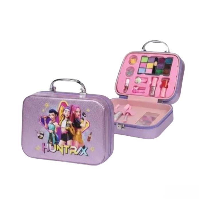 Trusa de machiaj Virtual Trend®, K-Pop Demon Hunters pentru copii, elemente pentru ingrijirea unghiilor, Geanta cu maner pentru transport, 14 Piese, Mov