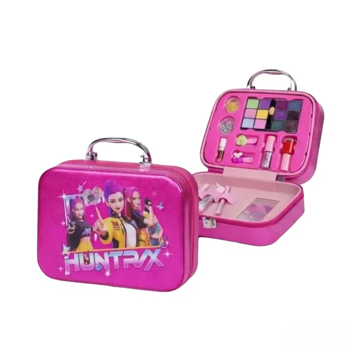 Trusa de machiaj Virtual Trend®, K-Pop Demon Hunters pentru copii, elemente pentru ingrijirea unghiilor, Geanta cu maner pentru transport, 14 Piese, Roz