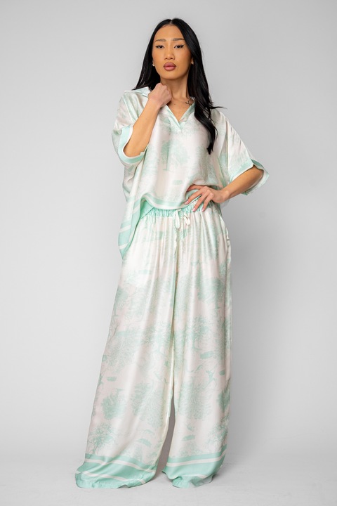 Set Shells Bluza si pantalon lung din mix matase Off White/Mint 20898, Alb/Verde, One Size