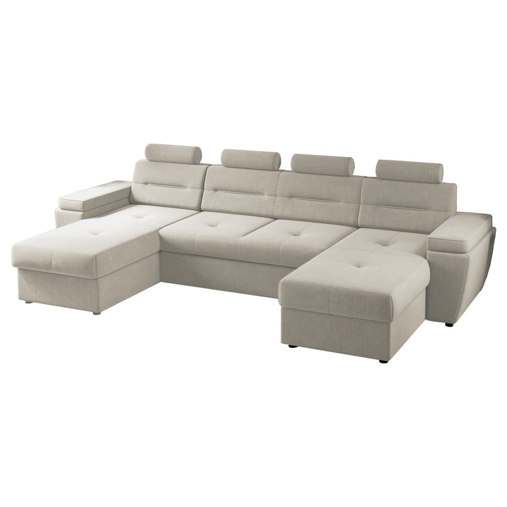 Coltar U Sik, extensibil, cu lada depozitare, stofa, 330 x 175 x 93 cm, Crem