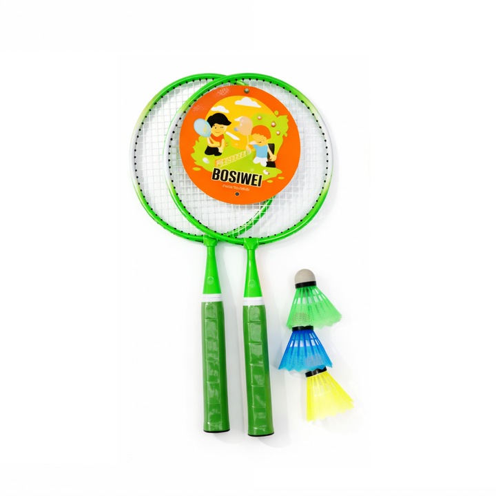 Set 2 palete badminton pentru copii, 3 fluturasi, fier+plastic, verde