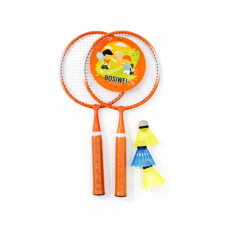 Set 2 palete badminton pentru copii, 3 fluturasi, fier+plastic, portocaliu