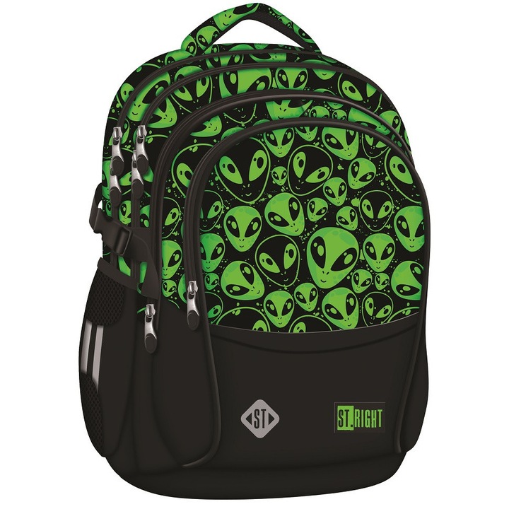 Ghiozdan Scolar St.Right BP01 Green Aliens, 4 Compartimente, Ergonomic, 43x32x21cm