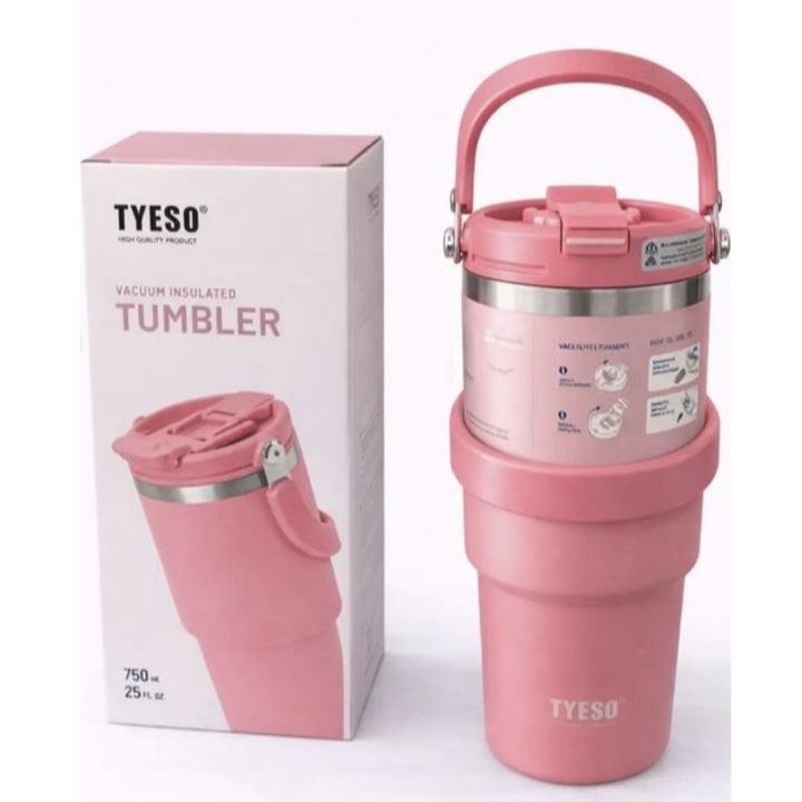 Termos termic TYESO 750 ml, termos cu perete dublu din inox, si maner lateral, Roz fusia - 750 ml