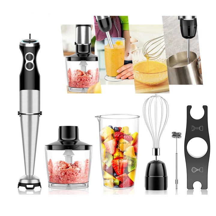 FooFoony 4 az 1-ben turmixgép szett, 1000 W, 7 sebességfokozat, fekete, tartalmaz 600 ml-es habverő tálat és aprítót
