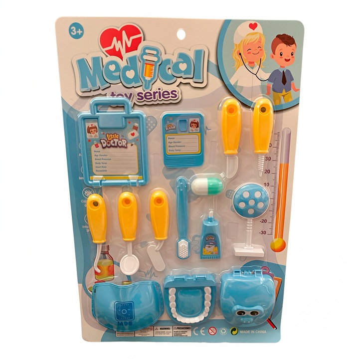 Set Doctor pentru Copii, 15 Piese, Instrumente Medicale si Stomatologice, Periuta si Pasta de Dinti, 3+ ani