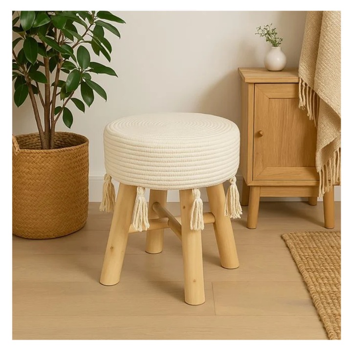 Taburet din lemn cu macrameu alb și ciucuri, 30x42cm