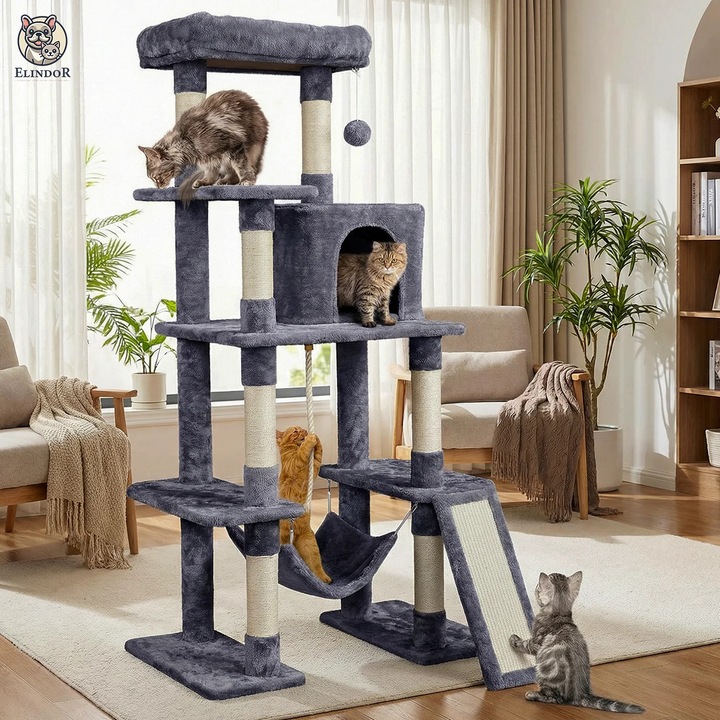 Ansamblu de Joaca Elindor® pentru Pisici, Tip Turn 160 cm, Post pentru Zgariat din Sisal, Stalp pentru Ascutit Gheare, Baza Solida, Pat Moale pentru Dormit, Accesorii Animale de Companie, 160 × 77.5 × 48.5 cm, Gri Deschis