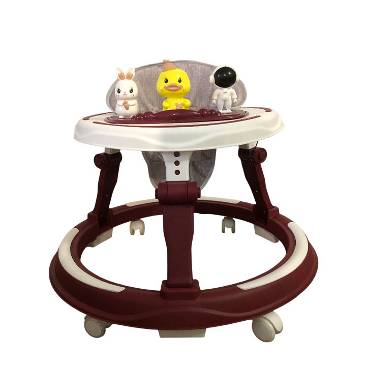 Premergator bebelusi, pliabil, cu 6 roti din silicon pivotante, 3 trepte de reglare si panou muzical, cadru bazal oval stabil Visiniu