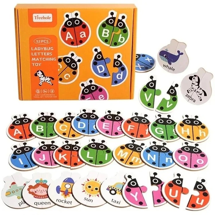 Set educativ puzzle din lemn buburuze cu litere alfabet, 52 piese, pentru copii prescolari, SALLMA®